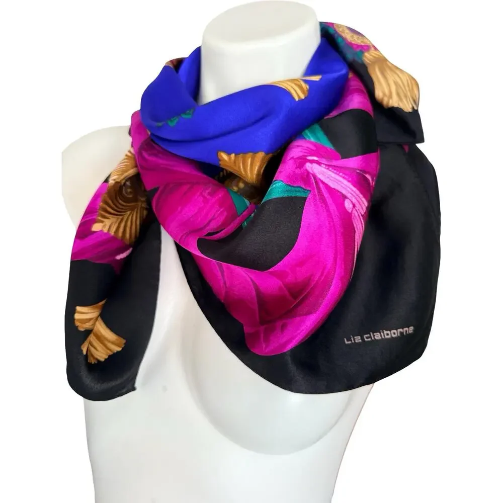 Vintage Liz Claiborne 1990s Silk Jewel Tone Tassel Medallion Scarf 31 x 31